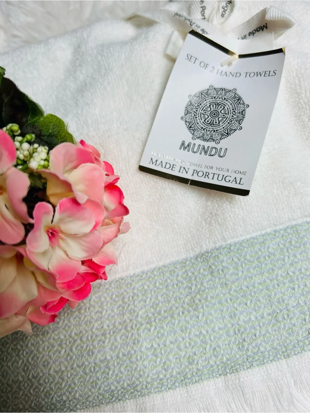 MUNDU Set Of Two Hand Towels - Made In Portugal‎ - 100% Cotton - Green/White